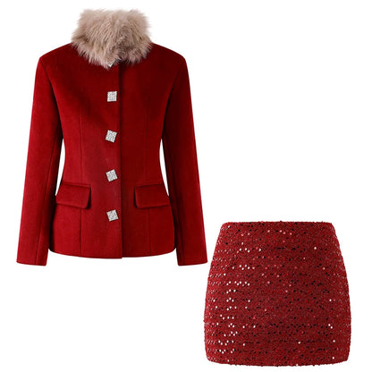 Chic Crystal Embellished Jacket Bodycon Full Sequin Mini Skirt Elegant Burgundy Red Faux Fur Trim Two Piece Winter Festive Set Short Dress AP6168