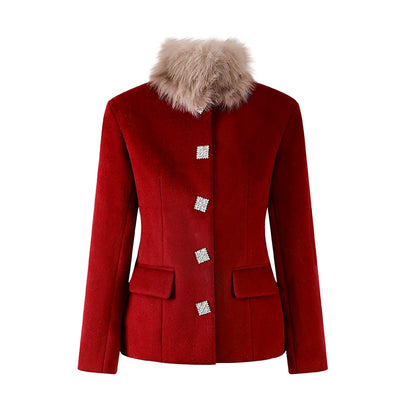 Chic Crystal Embellished Jacket Bodycon Full Sequin Mini Skirt Elegant Burgundy Red Faux Fur Trim Two Piece Winter Festive Set Short Dress AP6168