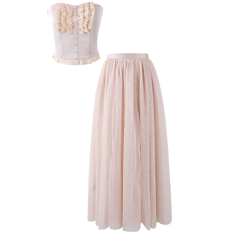 Luxurious Button Front Corset Top Flowy A-Line Two Piece Maxi Dresses Romantic Blush Pink Strapless Cream Ruffle Neckline Long Tulle Long Dress AP6169
