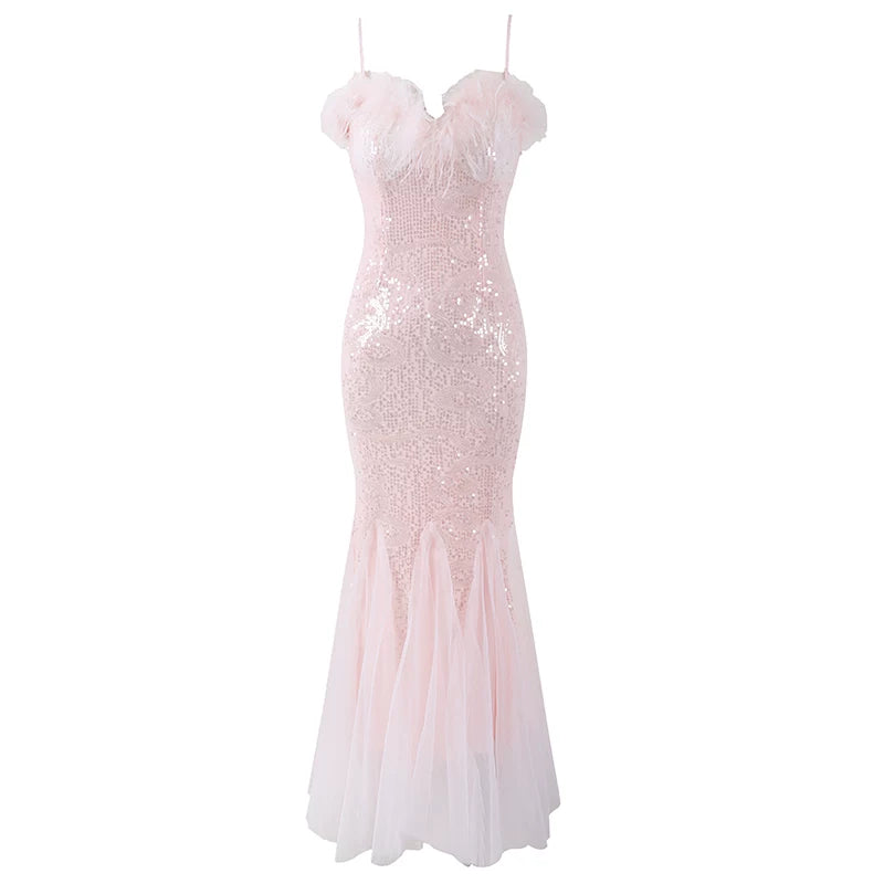 Elegant Spaghetti Strap Feather Bust Accent Sequin Maxi Skirt Glamorous Sweetheart Neckline Tulle Godet Hem Mermaid Long Dress AP6171