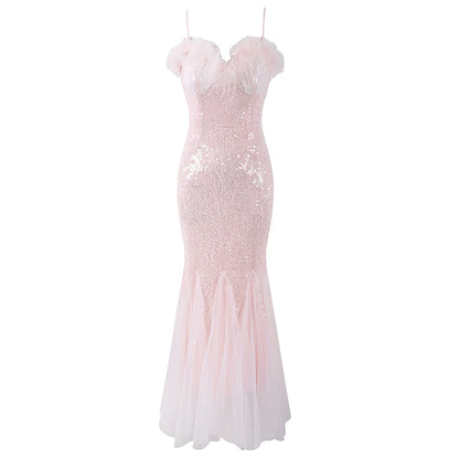 Elegant Spaghetti Strap Feather Bust Accent Sequin Maxi Skirt Glamorous Sweetheart Neckline Tulle Godet Hem Mermaid Long Dress AP6171