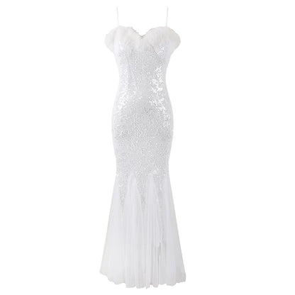 Elegant Spaghetti Strap Feather Bust Accent Sequin Maxi Skirt Glamorous Sweetheart Neckline Tulle Godet Hem Mermaid Long Dress AP6171