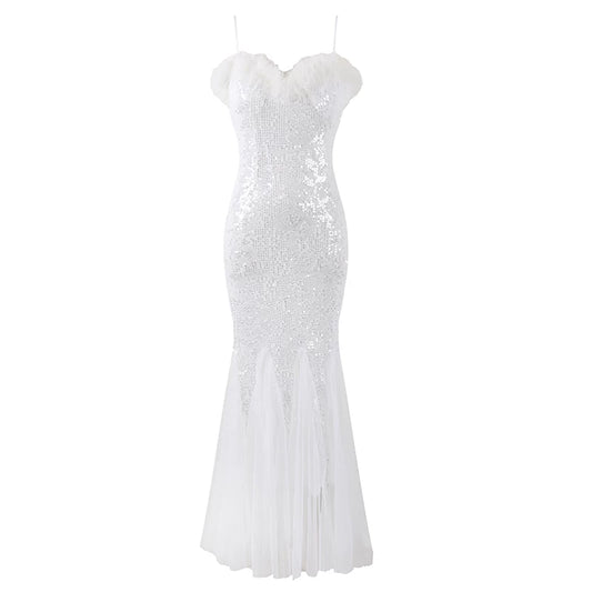 Elegant Spaghetti Strap Feather Bust Accent Sequin Maxi Skirt Glamorous Sweetheart Neckline Tulle Godet Hem Mermaid Long Dress AP6171