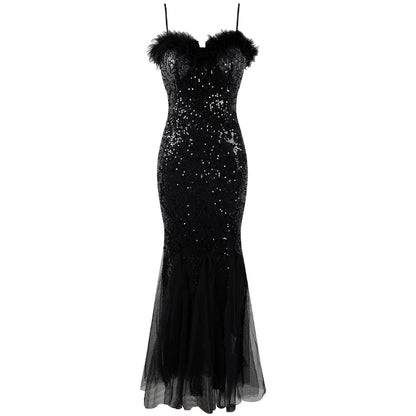 Elegant Spaghetti Strap Feather Bust Accent Sequin Maxi Skirt Glamorous Sweetheart Neckline Tulle Godet Hem Mermaid Long Dress AP6171