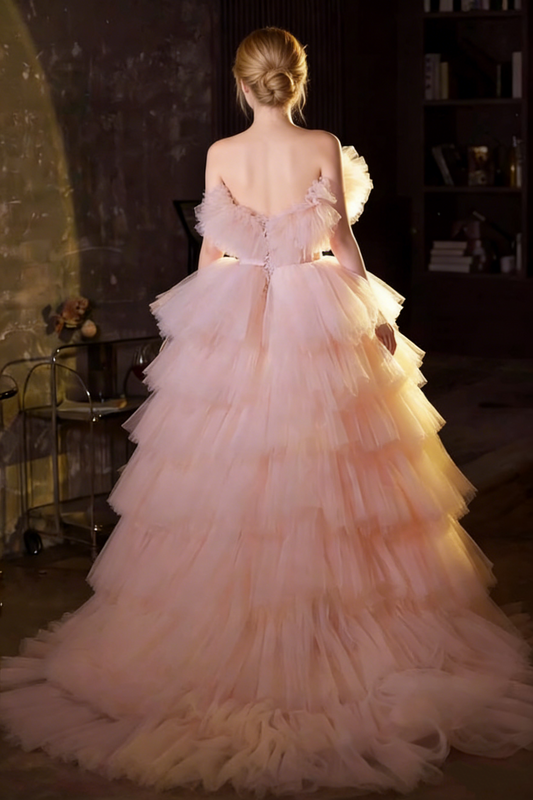 Graceful Strapless A-Line Pink Sweet 16th Gowns Handmade Flowers Tulle Prom Dress AP6172