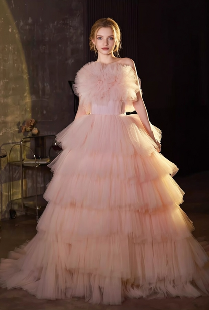 Graceful Strapless A-Line Pink Sweet 16th Gowns Handmade Flowers Tulle Prom Dress AP6172