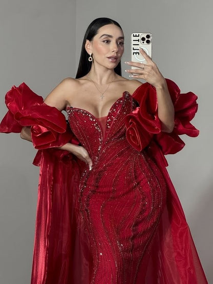 Classical Red Strapless Evening Mermaid Dress Sequins Crystals Prom Dress AP6173