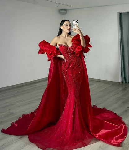 Classical Red Strapless Evening Mermaid Dress Sequins Crystals Prom Dress AP6173