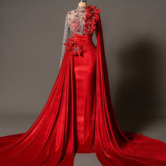 Cute High Collar Sheath Evening Dress Long Sleeve Handmade Flowers Beading Crystals Prom Dress AP6175