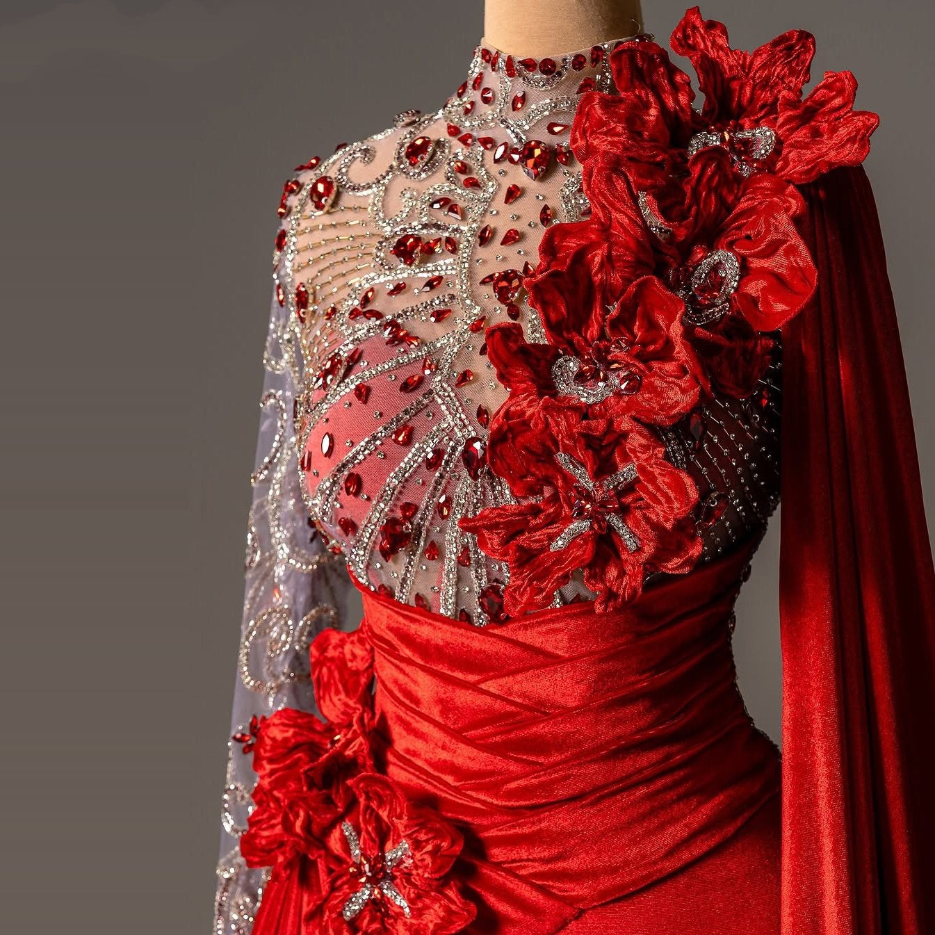 Cute High Collar Sheath Evening Dress Long Sleeve Handmade Flowers Beading Crystals Prom Dress AP6175