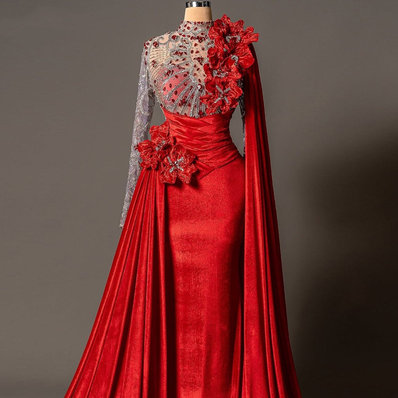 Cute High Collar Sheath Evening Dress Long Sleeve Handmade Flowers Beading Crystals Prom Dress AP6175