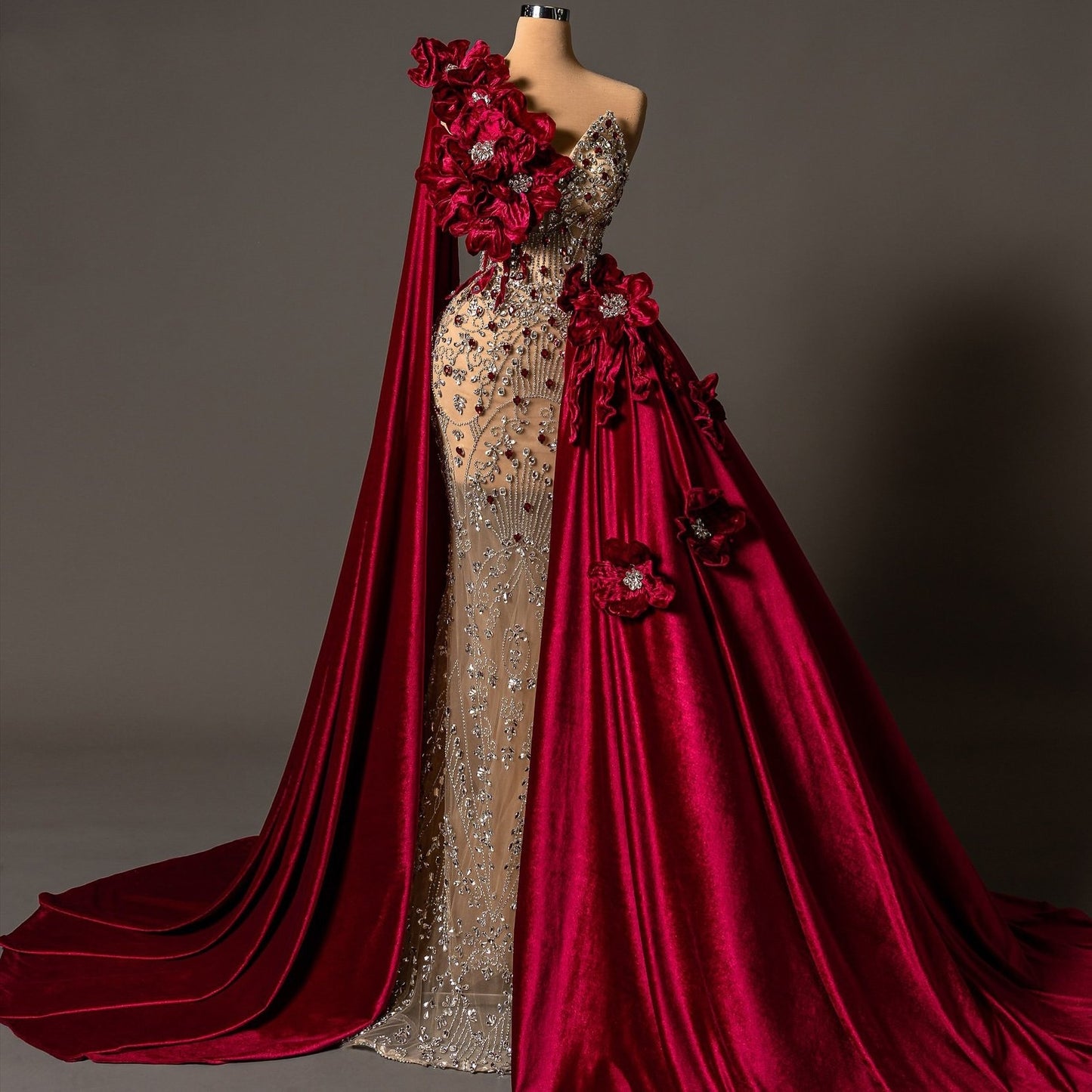 Vintage One Shoulder Sheath Evening Gowns Handmade Flowers Rhinestone Prom Dress AP6176