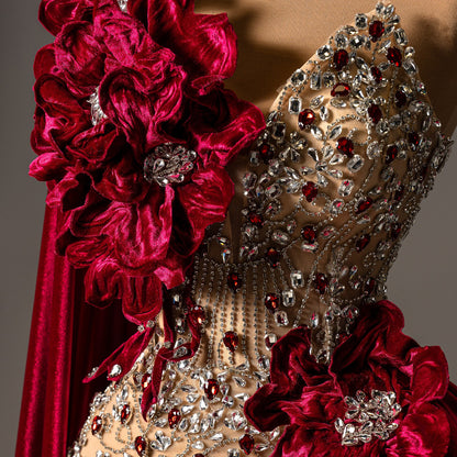 Vintage One Shoulder Sheath Evening Gowns Handmade Flowers Rhinestone Prom Dress AP6176