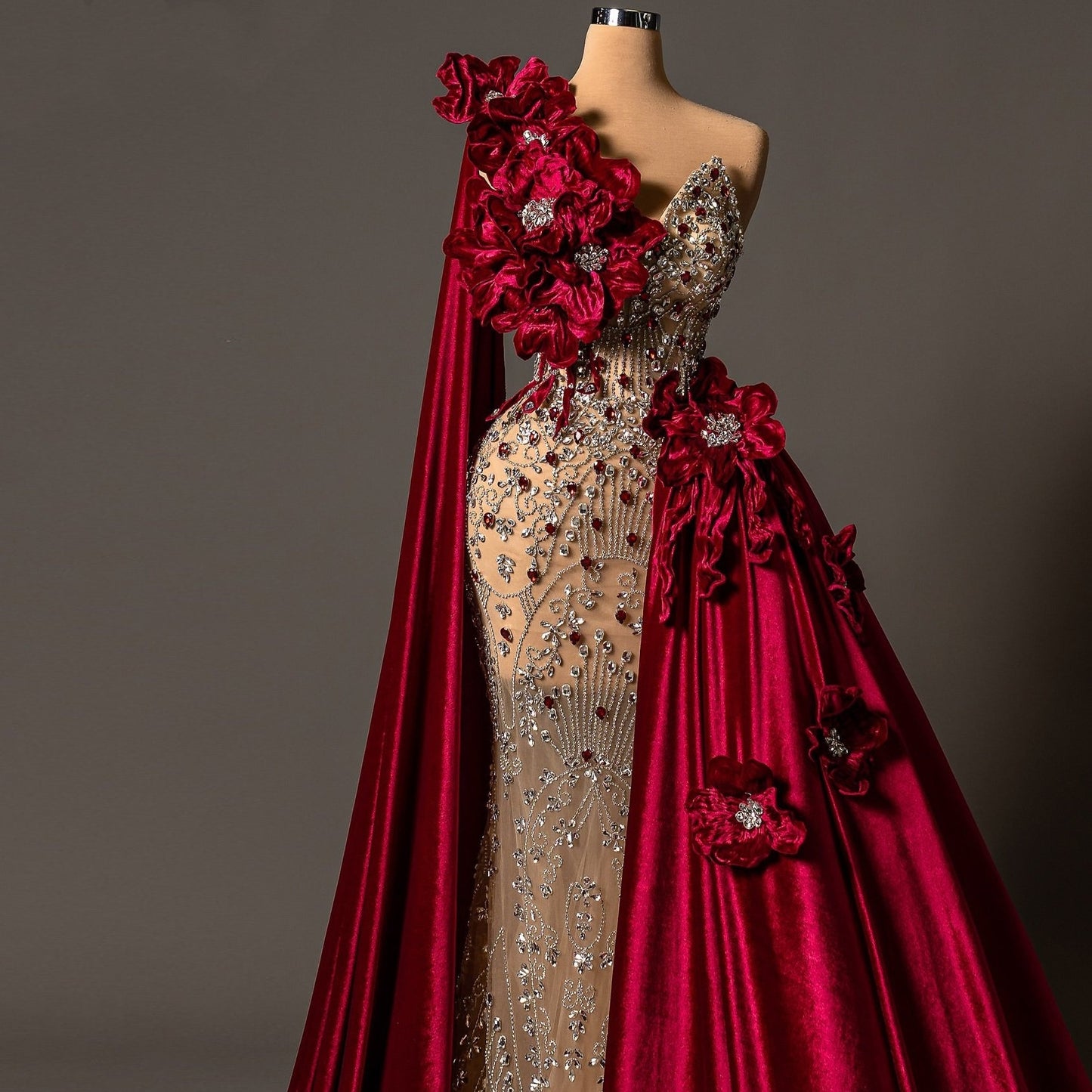 Vintage One Shoulder Sheath Evening Gowns Handmade Flowers Rhinestone Prom Dress AP6176