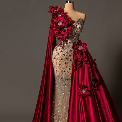 Vintage One Shoulder Sheath Evening Gowns Handmade Flowers Rhinestone Prom Dress AP6176