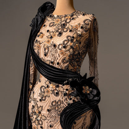 Ethereal Jewel Neck Sheath Evening Dress Long Sleeve Handmade Flowers Beading Crystals Prom Dress AP6179