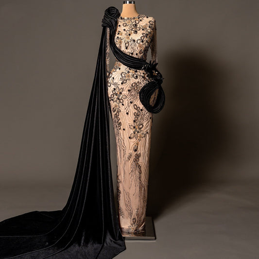 Ethereal Jewel Neck Sheath Evening Dress Long Sleeve Handmade Flowers Beading Crystals Prom Dress AP6179