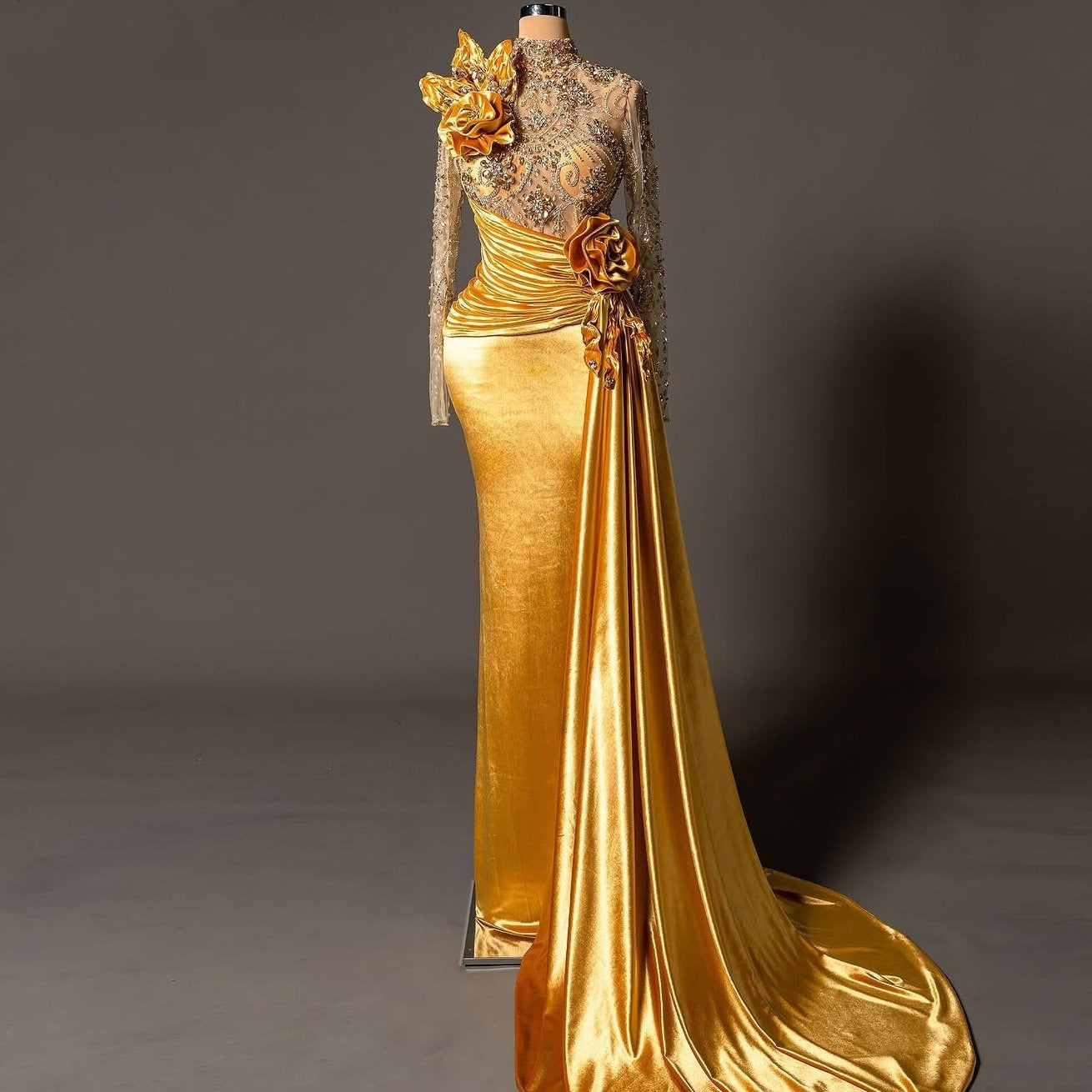 Sheen High Collar Sheath Evening Dress Rhinestones Handmade Flowers Long Sleeve Prom Dress AP6180