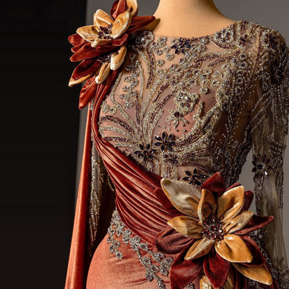 Alluring Jewel Neck Sheath Evening Dress With Sash Beading Handmade Flowers Mesh Long Sleeve Prom Dress AP6181