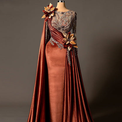 Alluring Jewel Neck Sheath Evening Dress With Sash Beading Handmade Flowers Mesh Long Sleeve Prom Dress AP6181
