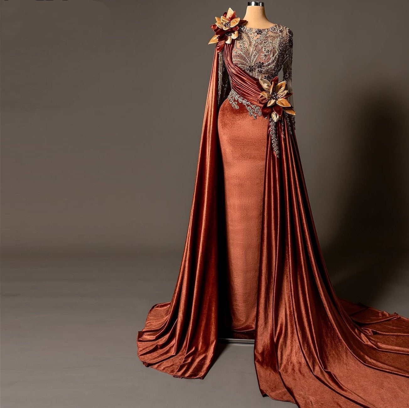 Alluring Jewel Neck Sheath Evening Dress With Sash Beading Handmade Flowers Mesh Long Sleeve Prom Dress AP6181