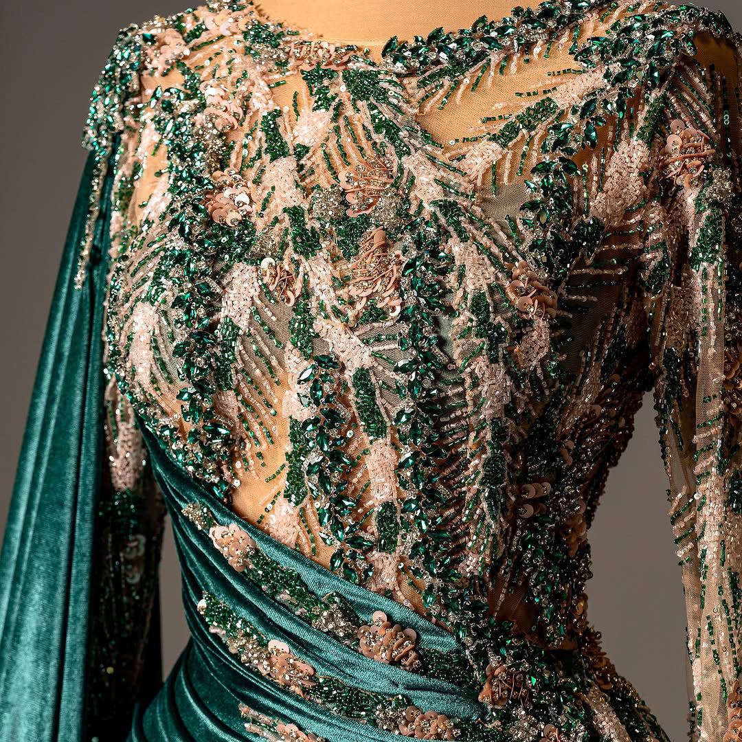 Gorgeous Jewel Neck Sheath Evening Dress With Sash Beading Sequins Mesh Long Sleeve Prom Dress AP6182