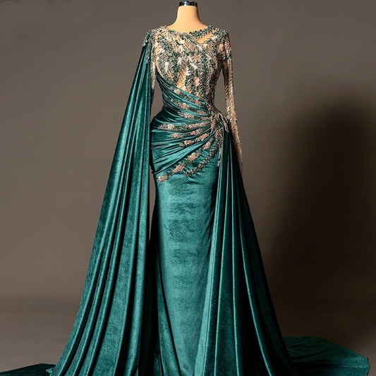 Gorgeous Jewel Neck Sheath Evening Dress With Sash Beading Sequins Mesh Long Sleeve Prom Dress AP6182
