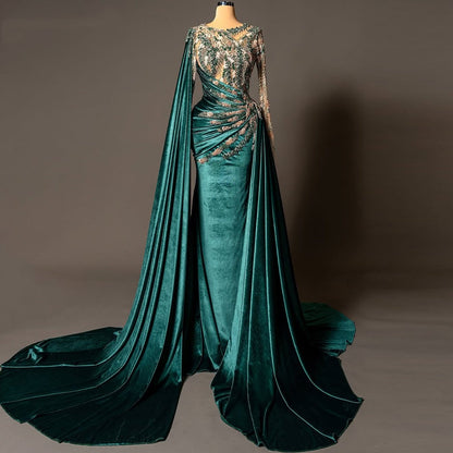 Gorgeous Jewel Neck Sheath Evening Dress With Sash Beading Sequins Mesh Long Sleeve Prom Dress AP6182