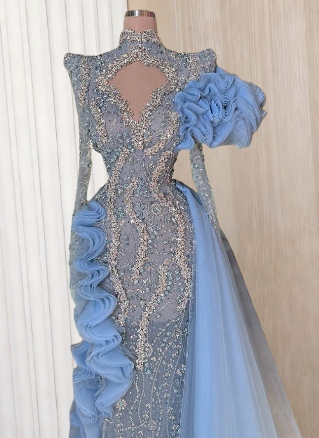Glamorous Cutout High Collar Mermaid Evening Dress Ruffles Long Sleeve Beading Prom Dress AP6184