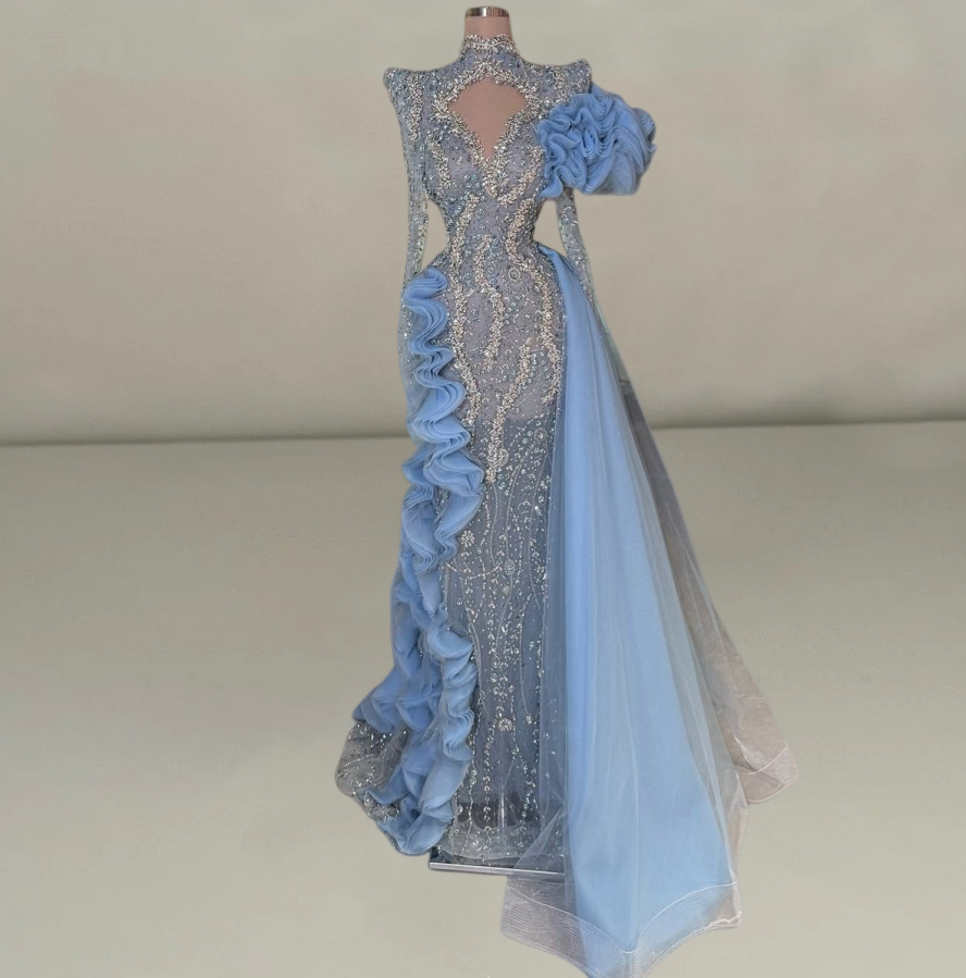 Glamorous Cutout High Collar Mermaid Evening Dress Ruffles Long Sleeve Beading Prom Dress AP6184