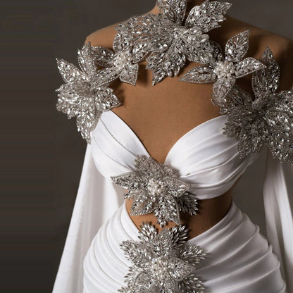Stunning Cutout Halter Neck Bridal Mermaid Dress Pleated Satin Floral Rhinestones Wedding Dress AP6185