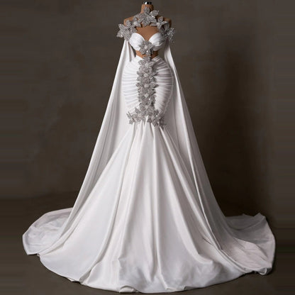 Stunning Cutout Halter Neck Bridal Mermaid Dress Pleated Satin Floral Rhinestones Wedding Dress AP6185