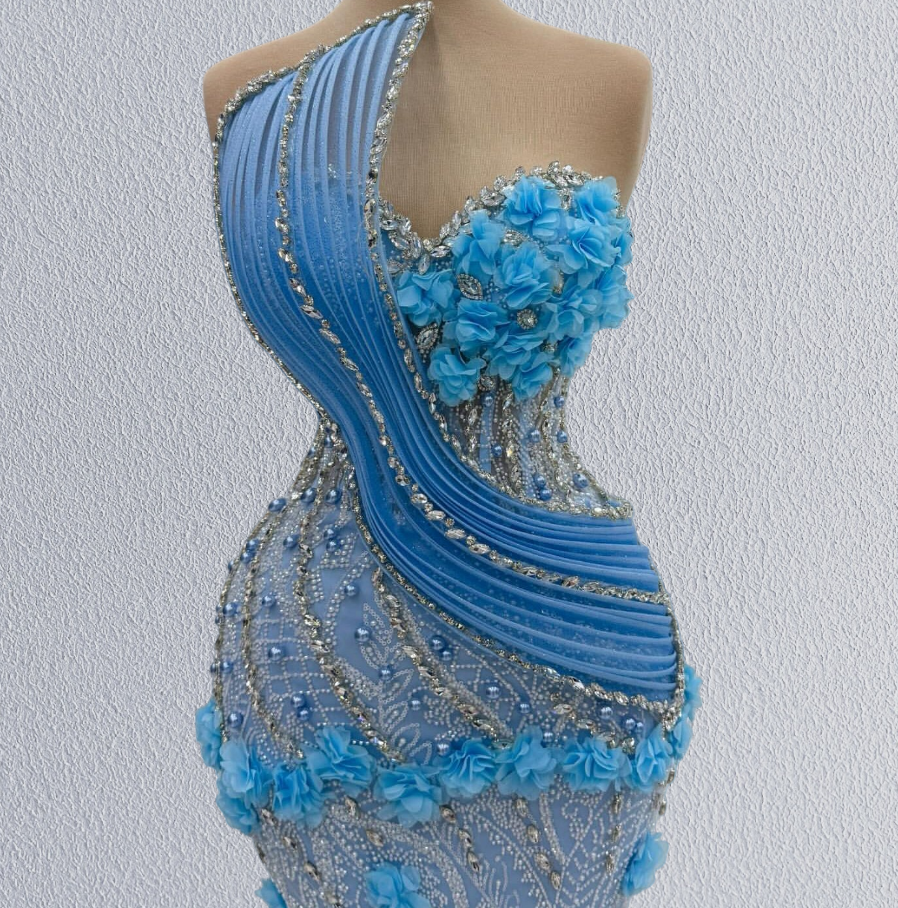 Novelty Strapless Mermaid Evening Dresses Appliques Beading Rhinestones Prom Dress AP6187