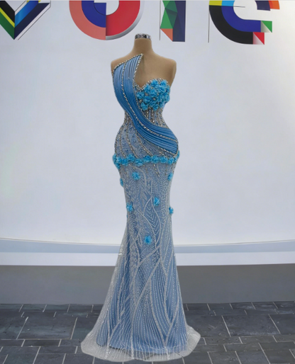 Novelty Strapless Mermaid Evening Dresses Appliques Beading Rhinestones Prom Dress AP6187