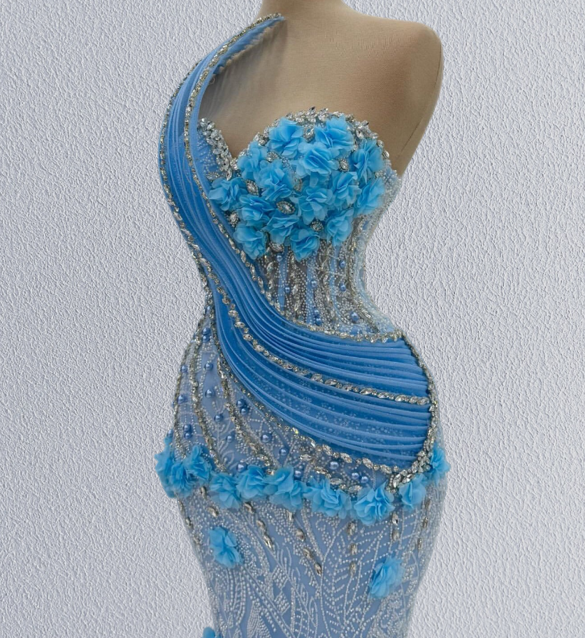 Novelty Strapless Mermaid Evening Dresses Appliques Beading Rhinestones Prom Dress AP6187