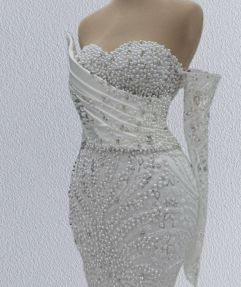 Unique Off-Shoulder Mermaid Bridal Gown Long Sleeve Beading Wedding Dress AP6188