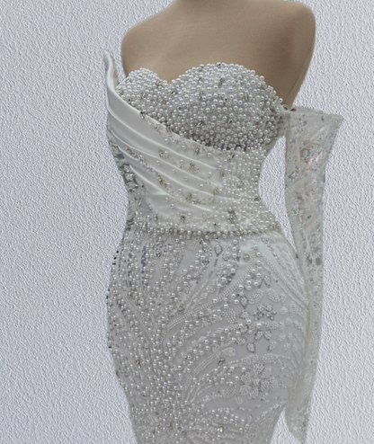 Unique Off-Shoulder Mermaid Bridal Gown Long Sleeve Beading Wedding Dress AP6188
