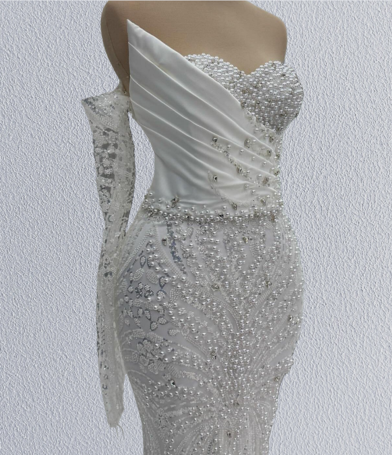 Unique Off-Shoulder Mermaid Bridal Gown Long Sleeve Beading Wedding Dress AP6188
