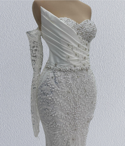Unique Off-Shoulder Mermaid Bridal Gown Long Sleeve Beading Wedding Dress AP6188