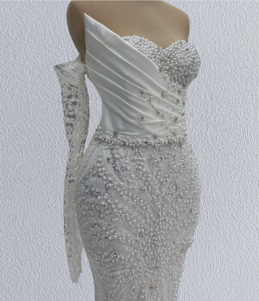 Unique Off-Shoulder Mermaid Bridal Gown Long Sleeve Beading Wedding Dress AP6188
