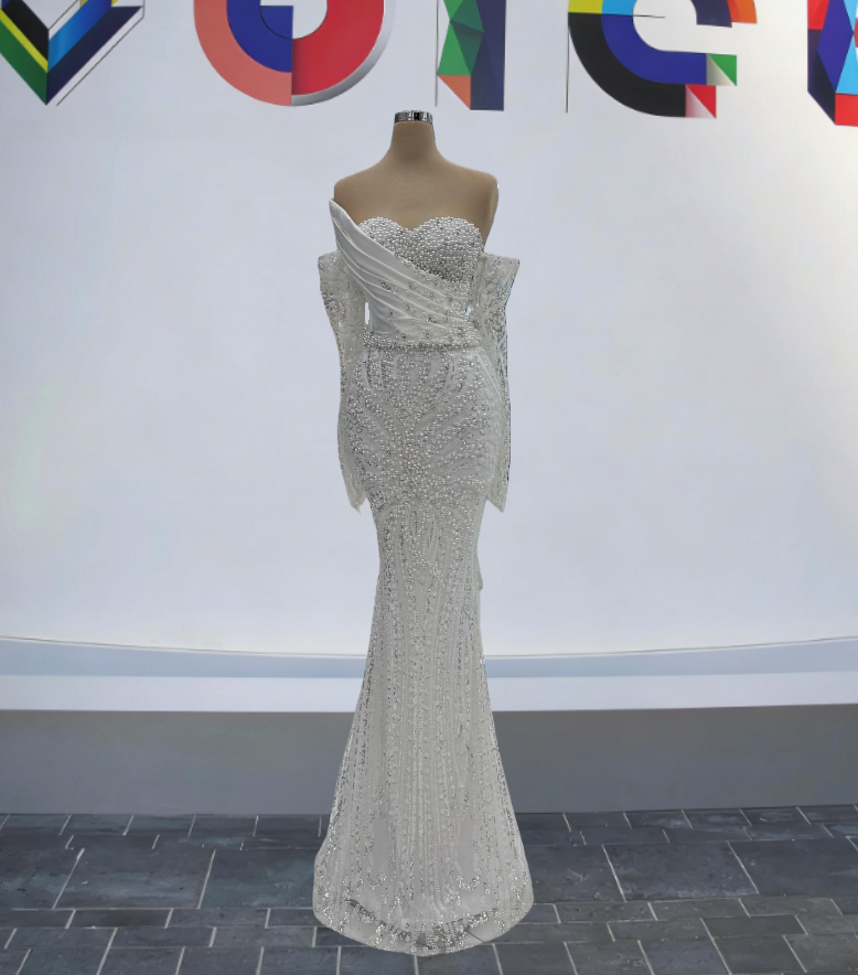 Unique Off-Shoulder Mermaid Bridal Gown Long Sleeve Beading Wedding Dress AP6188