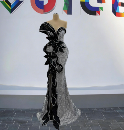 Fashionable One Shoulder High-Slit Mermaid Evening Dresses Handmade Flowers Beading Prom Dress AP6189
