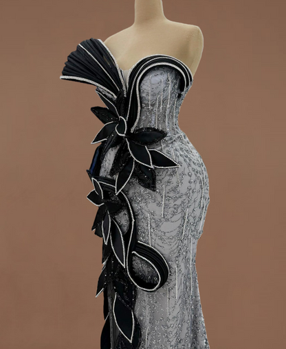 Fashionable One Shoulder High-Slit Mermaid Evening Dresses Handmade Flowers Beading Prom Dress AP6189