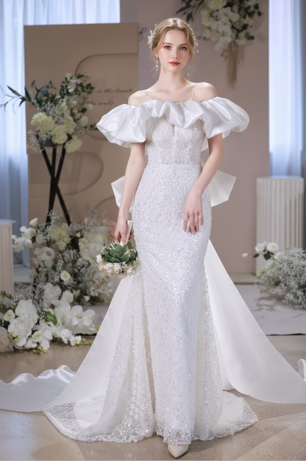 French Style Ruffled Off-Shoulder Bridal Mermaid Dress With Bow Train Sequins Wedding Dress AP6190