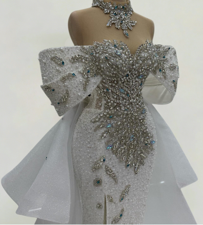 Charming Off-Shoulder Bridal Mermaid Dress With Bow Train Beading Rhinestones Wedding Dress AP6191