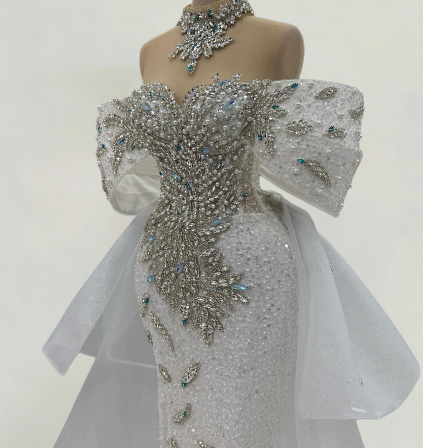 Charming Off-Shoulder Bridal Mermaid Dress With Bow Train Beading Rhinestones Wedding Dress AP6191
