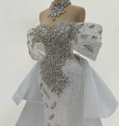 Charming Off-Shoulder Bridal Mermaid Dress With Bow Train Beading Rhinestones Wedding Dress AP6191