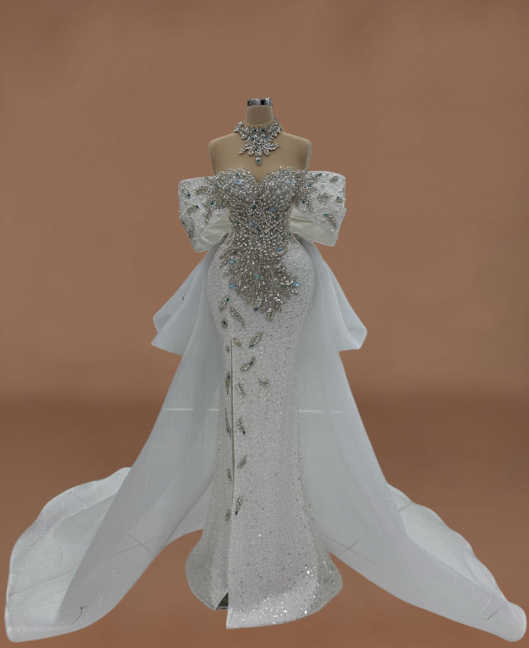 Charming Off-Shoulder Bridal Mermaid Dress With Bow Train Beading Rhinestones Wedding Dress AP6191