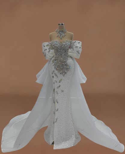 Charming Off-Shoulder Bridal Mermaid Dress With Bow Train Beading Rhinestones Wedding Dress AP6191