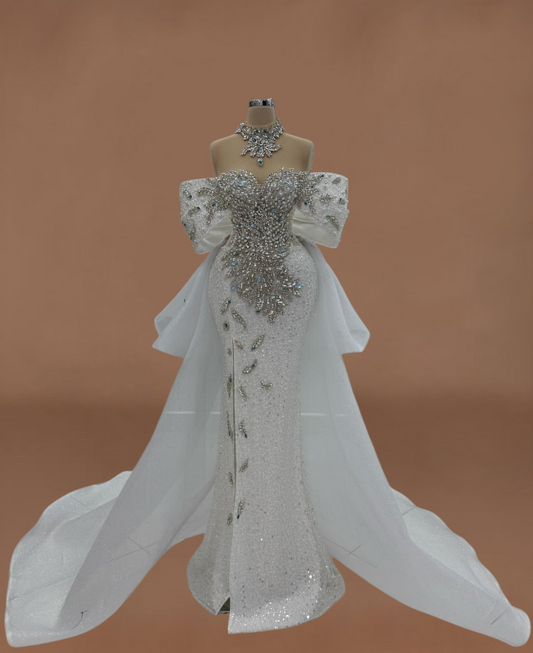 Charming Off-Shoulder Bridal Mermaid Dress With Bow Train Beading Rhinestones Wedding Dress AP6191